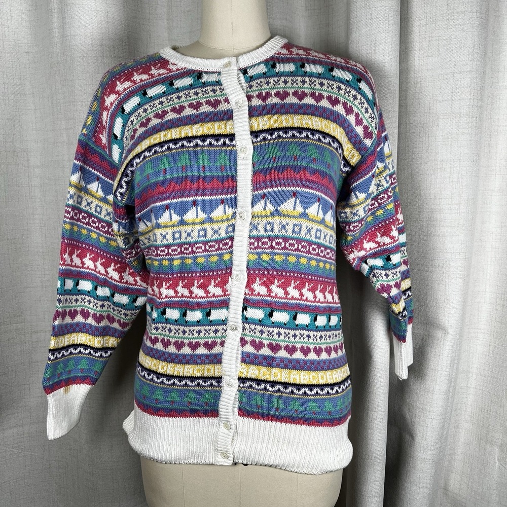 Vintage English Sport Shop Chunky Knit Cardigan Sweater Women's Small Boat Bunny